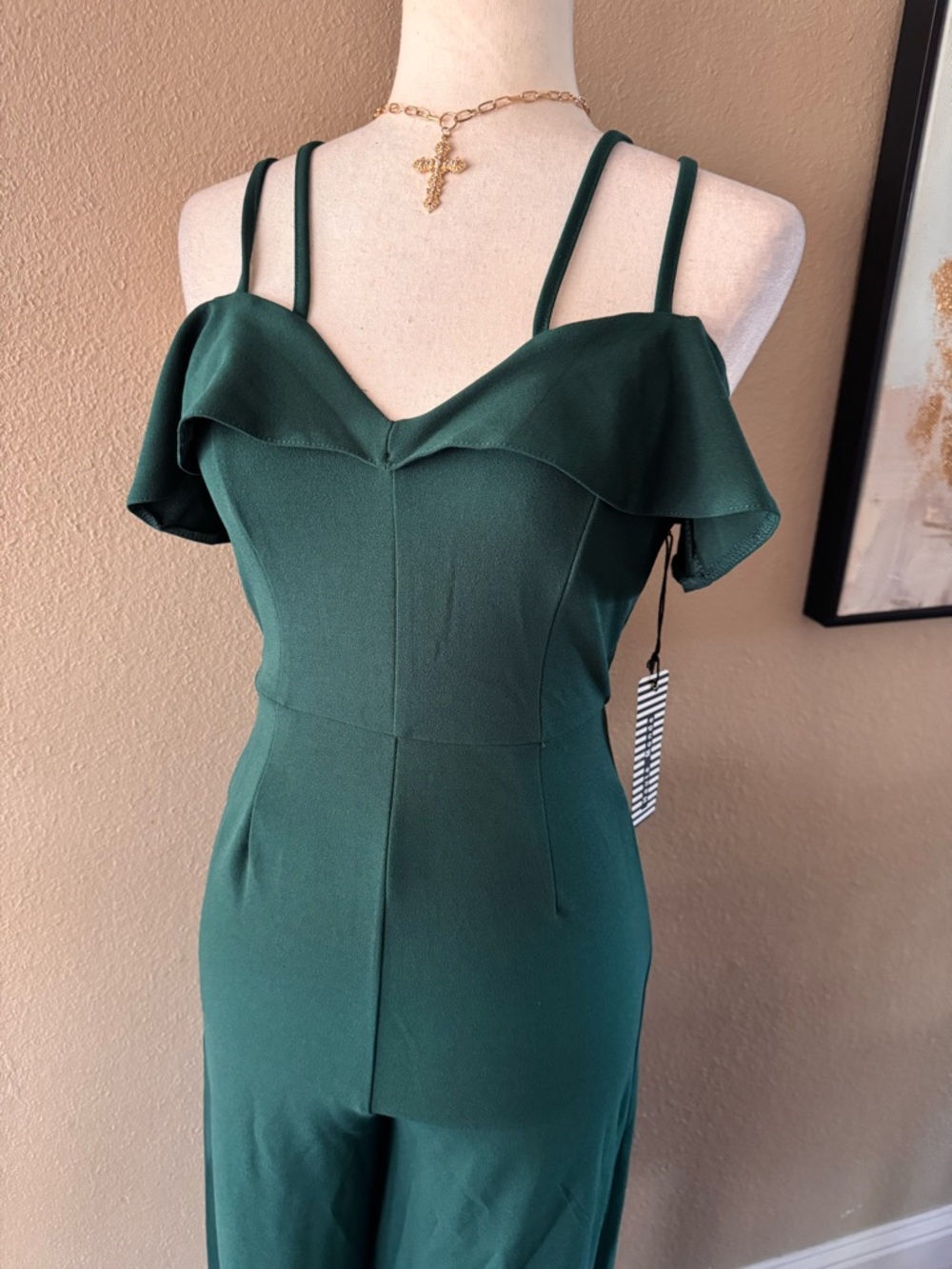 Off-Shoulder Strappy Jumpsuit in Deep Green - Picture 6 of 11